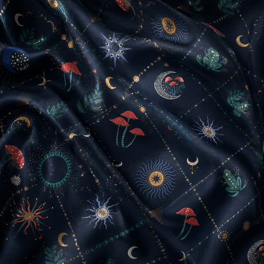 PJ-644-Mystical Celestial Frog Satin Sleepwear Navy Mushroom Astrology Pajamas Pjs