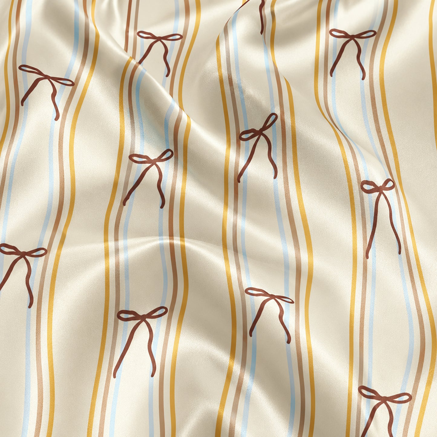 PJ-645-Coquette Ribbon Bow Wavy Stripe Pjs Cream Satin Sleepwear Lounge Set