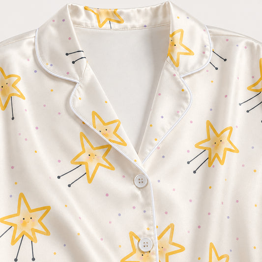 PJ-646-Smiling Star Satin Pajama Set, Cute Happy Star Pattern Sleepwear, Whimsical Celestial Print, Cozy Dreamy Loungewear, Soft Nightwear