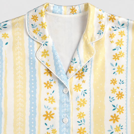 PJ-649-Light Blue Yellow Striped Floral Pjs Satin Sleepwear Summer Pajamas