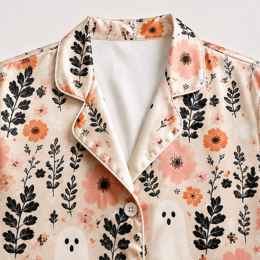 PJ-651-Floral Satin Pajama Set, Elegant Botanical Print Sleepwear, Soft Button Down Loungewear, Cozy Nightwear Gift