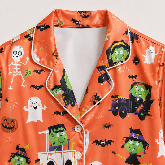 PJ-653-Halloween Satin Loungewear Set, Cute Scary Printed Pajamas, Cozy Fall Nightwear, Spooky Season Sleepwear Gift