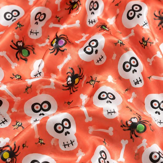 PJ-655-Spooky Season Satin Pajamas, Halloween Themed Skull Sleepwear Set, Long Sleeve Loungewear, Fall Gift Idea