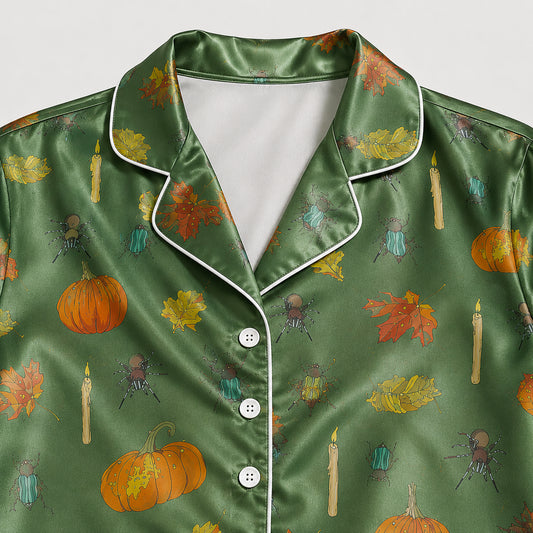 PJ-657-Spooky Sweet Satin Pajamas, Fun Halloween Sleepwear Set, Playful October Loungewear, Cozy Nightwear