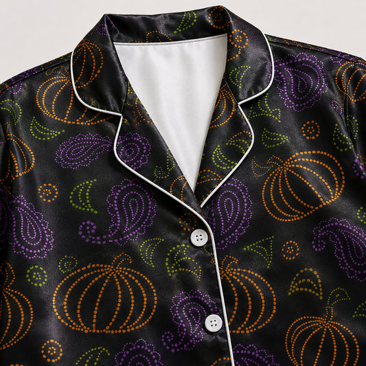 PJ-659-Spooky Joyride Satin Pajamas, Fun Halloween Sleepwear Set, Relaxed October Loungewear, Cozy Gift