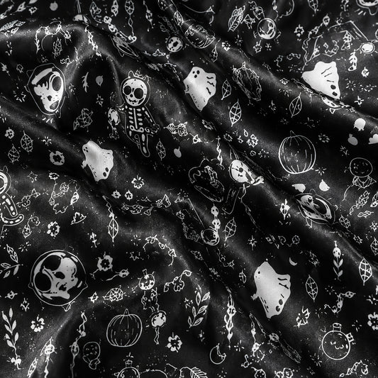 PJ-660-Black Spooky Skeleton Satin Pajamas Ghost Pumpkin Halloween Pjs