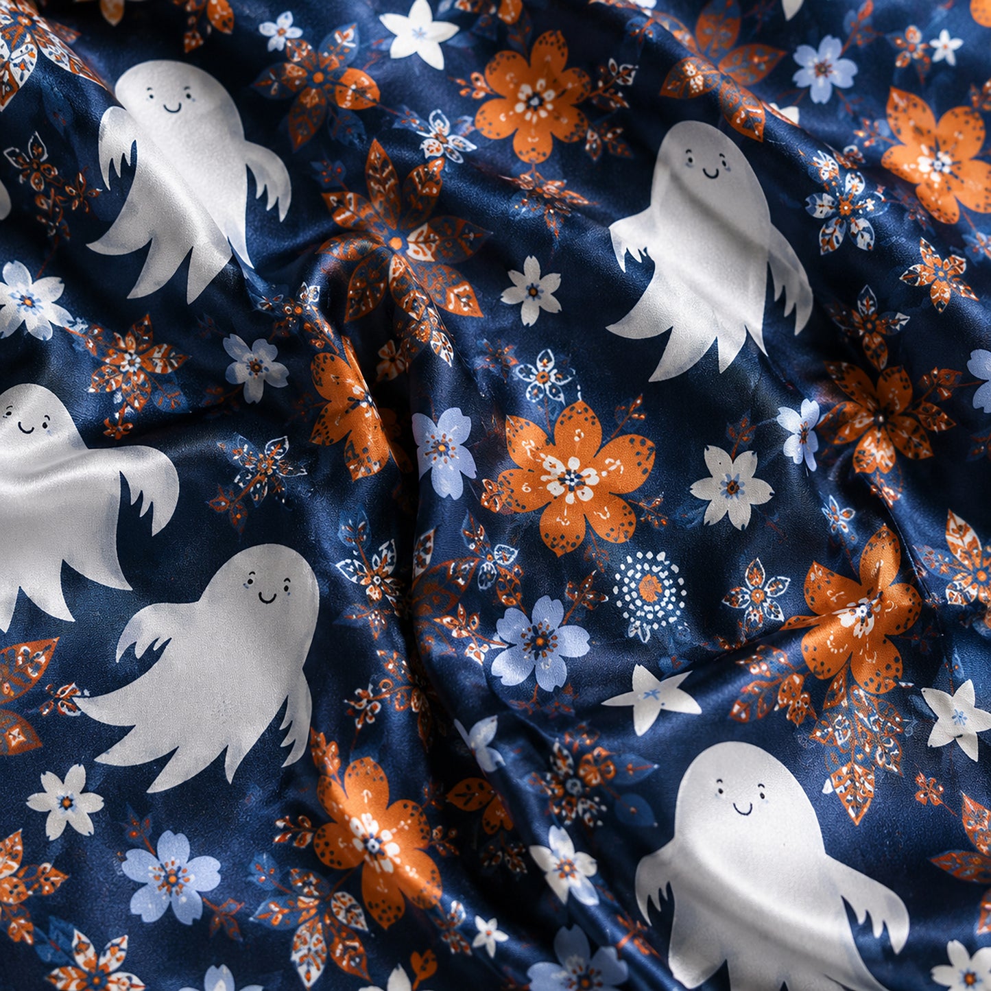 PJ-662-Halloween Satin Pajama Set, Spooky Printed Sleepwear, Cozy Fall Loungewear