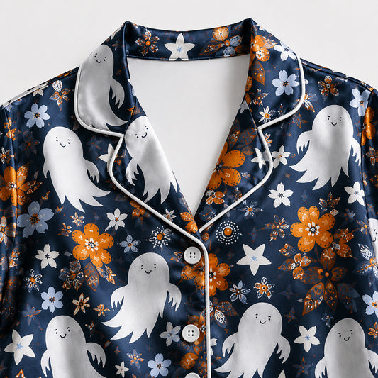 PJ-662-Halloween Satin Pajama Set, Spooky Printed Sleepwear, Cozy Fall Loungewear