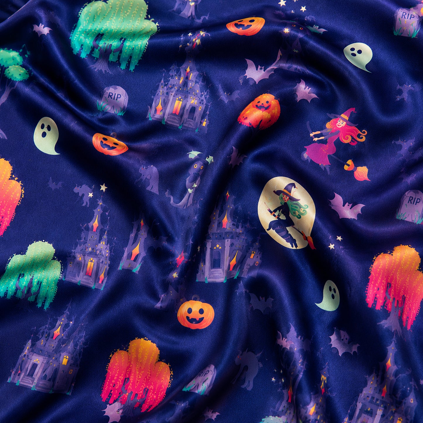 PJ-668-Spooky Celebration Satin Pajamas, Festive Halloween Sleepwear Set, Relaxed Autumn Loungewear Gift