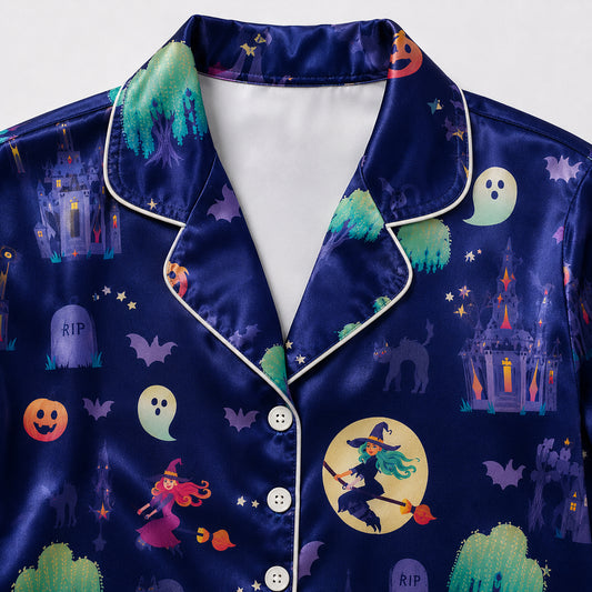 PJ-668-Spooky Celebration Satin Pajamas, Festive Halloween Sleepwear Set, Relaxed Autumn Loungewear Gift