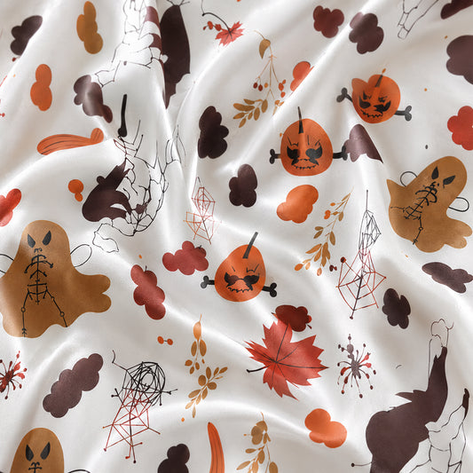 PJ-672-Halloween Magic Satin Pajama Set, Whimsical Printed Sleepwear, Cozy Autumn Loungewear, Seasonal Nightwear Gift