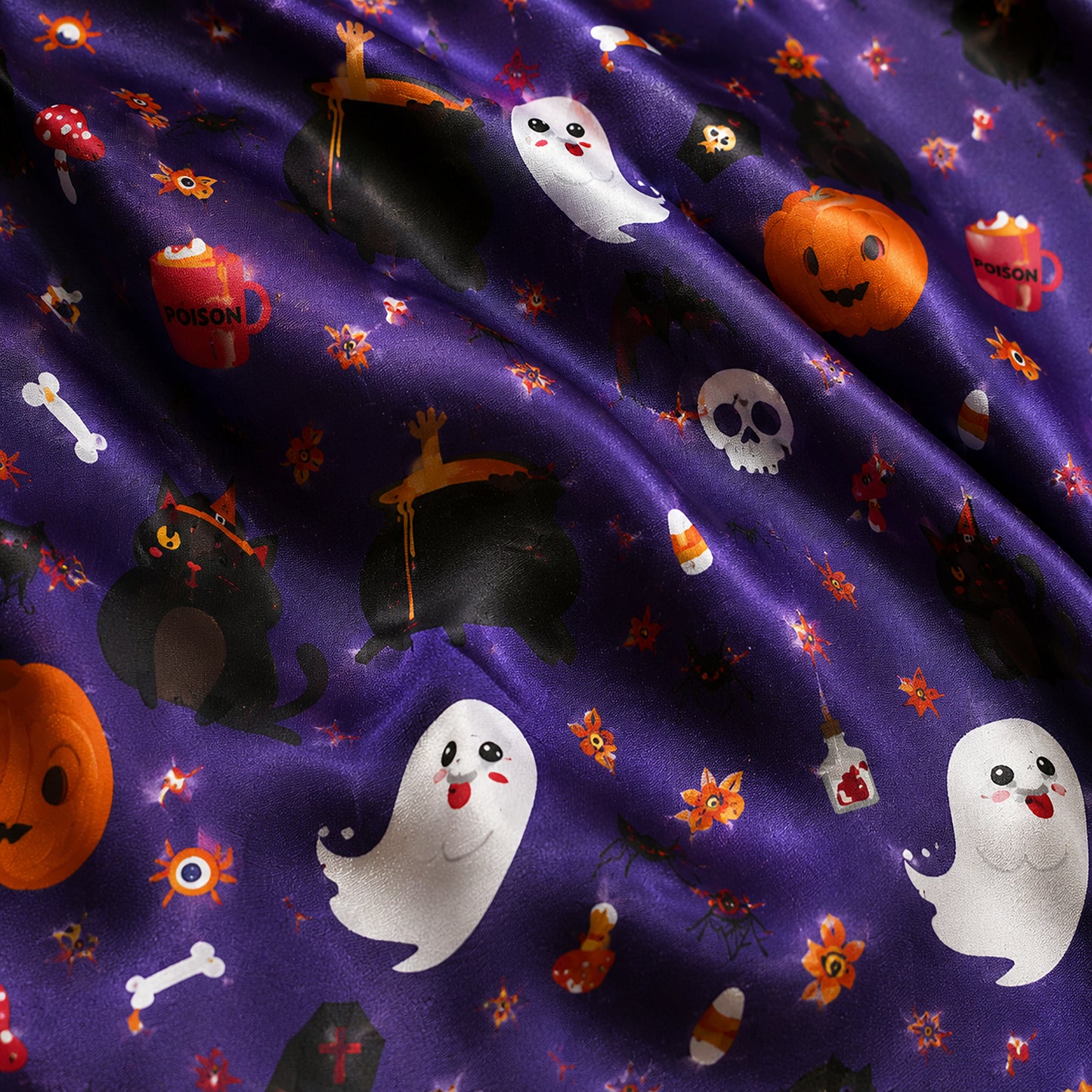 PJ-675-Halloween Whimsy Satin Pajamas, Fun Seasonal Print Sleepwear, Relaxed Fall Loungewear, Cozy Gift