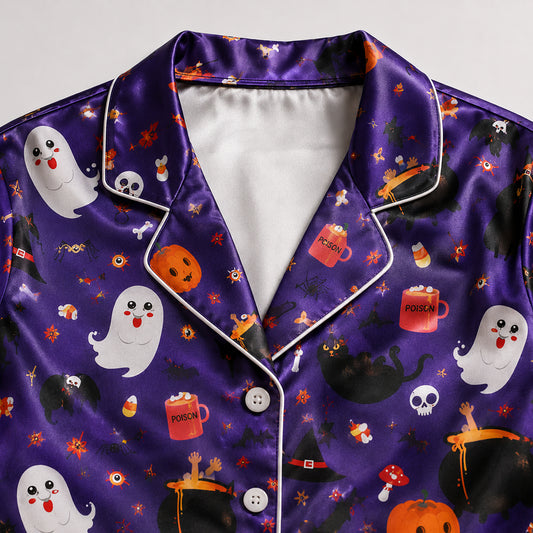 PJ-675-Halloween Whimsy Satin Pajamas, Fun Seasonal Print Sleepwear, Relaxed Fall Loungewear, Cozy Gift