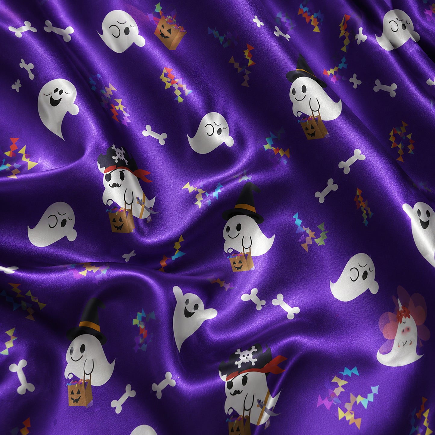 PJ-676-Spooky Festival Satin Pajama Set, Colorful Halloween Sleepwear, Cozy October Loungewear, Seasonal Boutique Gift