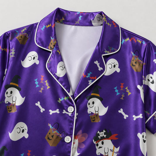 PJ-676-Spooky Festival Satin Pajama Set, Colorful Halloween Sleepwear, Cozy October Loungewear, Seasonal Boutique Gift