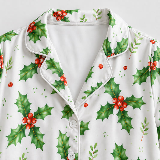 PJ-677-Merry Mistletoe Satin Pajama Set, Cozy Christmas Sleepwear, Festive Winter Loungewear, Thoughtful Holiday Gift