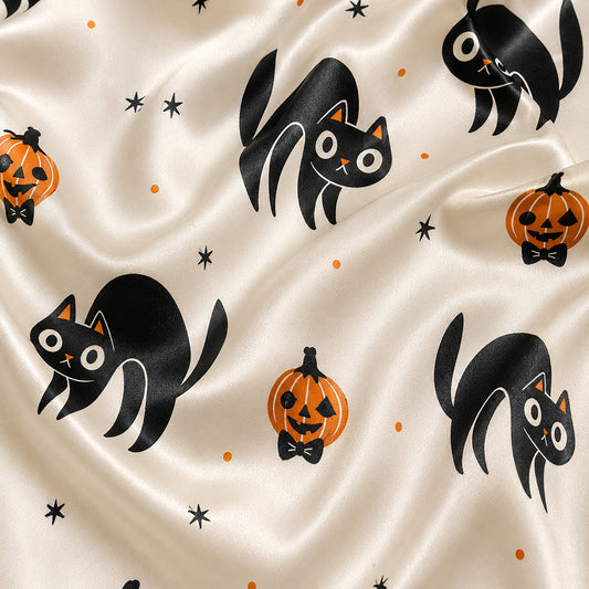PJ-683-Black Cat Satin Pajama Set, Cute Halloween Pattern Sleepwear, Whimsical Spooky Loungewear, October Gift