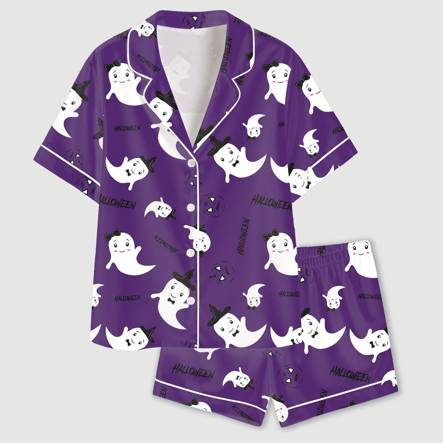 PJ-684-Vibrant Purple and Orange Halloween Pajamas, Playful Spooky Satin Sleepwear, Festive Fall Loungewear, October Gift