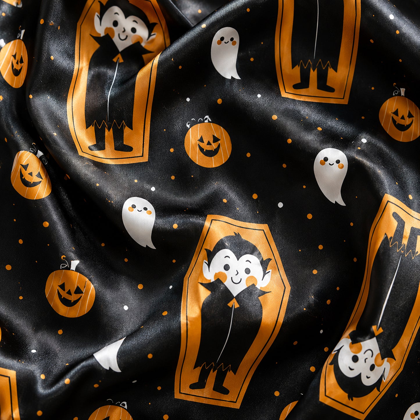 PJ-689-Cartoon Vampire Pajamas, Charming Halloween Satin Sleepwear, Cozy Gothic Lounge Set, Unique Seasonal Gift
