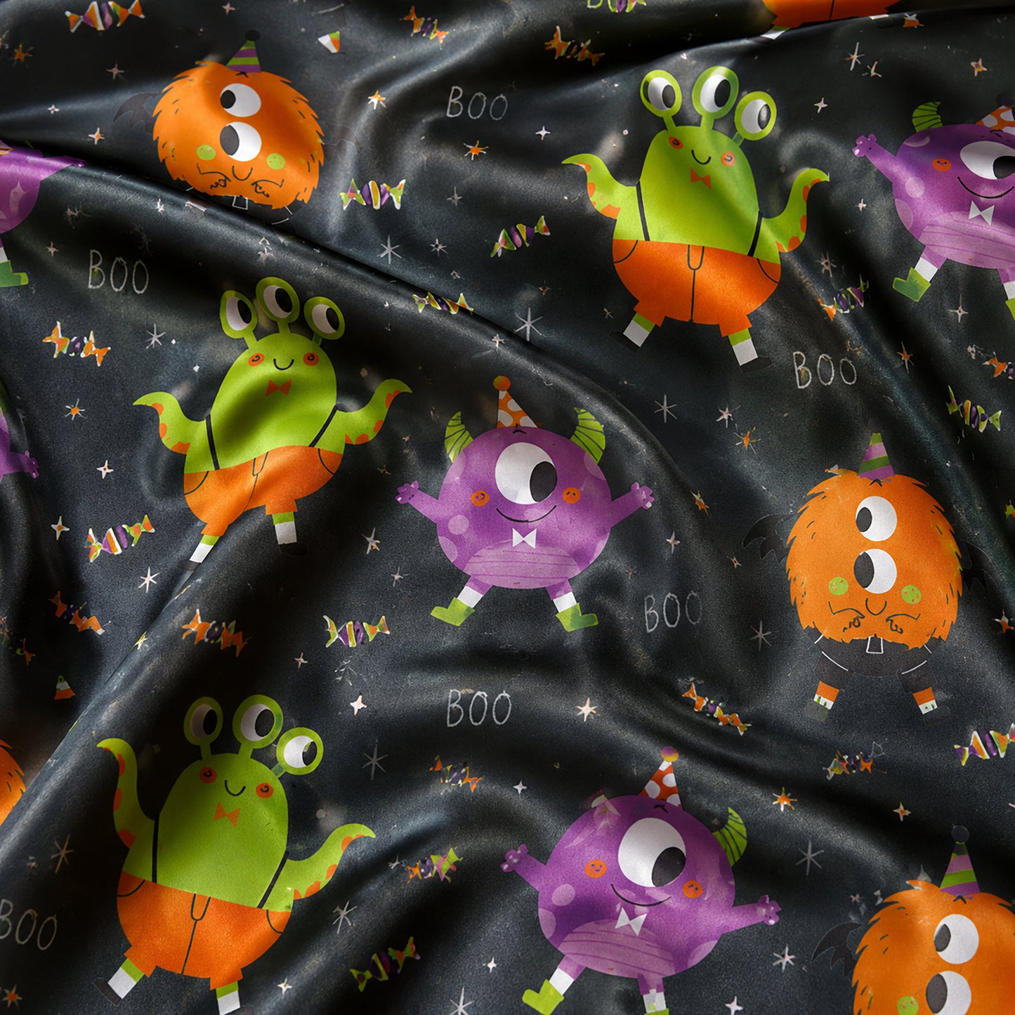 PJ-693-Cartoon Monster Satin Pajama Set, Cute Halloween Character Sleepwear, Whimsical Spooky Loungewear, Fun October Gift