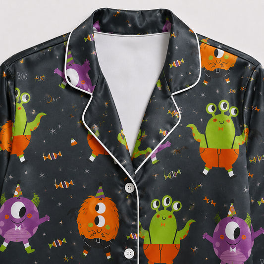 PJ-693-Cartoon Monster Satin Pajama Set, Cute Halloween Character Sleepwear, Whimsical Spooky Loungewear, Fun October Gift
