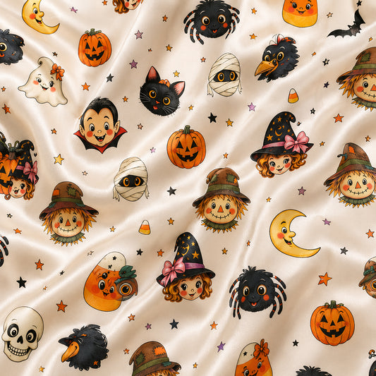 PJ-695-Cute Halloween Characters Satin Pajama Set with Ghost Pumpkin Black Cat Witch Vampire and Spider Pattern for Cozy Spooky Sleepwear