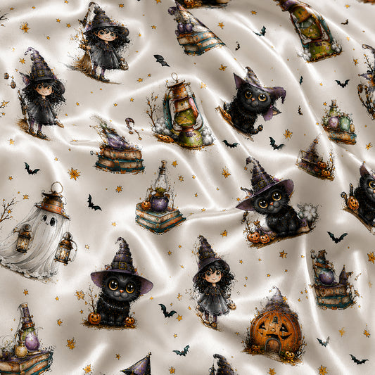 PJ-697-Vintage Halloween Witch Satin Pajama Set with Black Cat Pumpkin Potion Haunted Lantern and Gothic Magic Pattern for Cozy Sleepwear