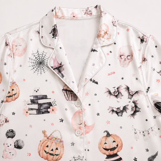 PJ-698-Pastel Halloween Satin Pajama Set with Cute Ghost Pumpkin Pink Moon Kawaii Witch Bat and Spider Pattern for Cozy Autumn Loungewear