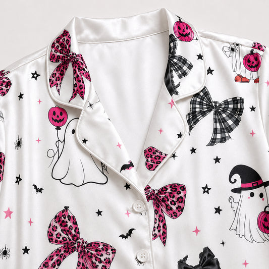 PJ-701-Coquette Bow Satin Pajama Set with Pink Black Ribbon and Pumpkin Halloween Pattern