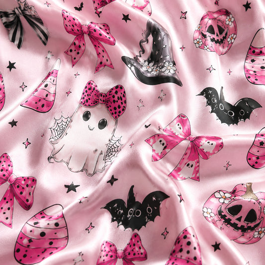 PJ-702-Pink Halloween Satin Pajama Set with Bows Bats Witch Hat and Pumpkin Pattern