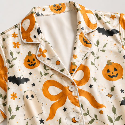 PJ-704-Kawaii Halloween Satin Pajama Set with Cute Ghost Pumpkin Black Cat and Candy Pattern