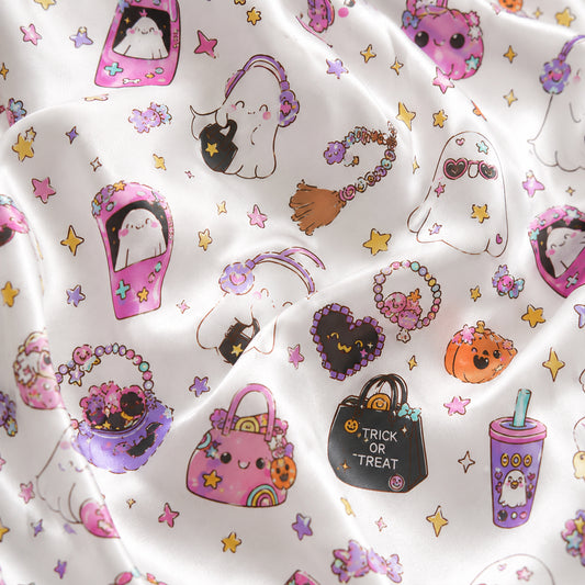 PJ-705-Kawaii Halloween Satin Pajama Set with Cute Spooky Character Pattern for Cozy Sleepwear