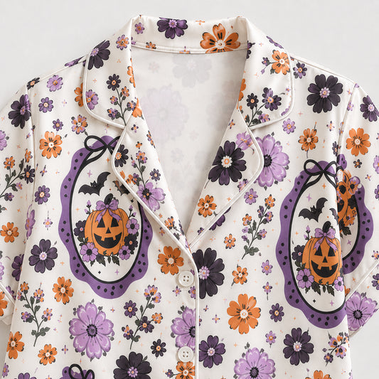 PJ-706-Vintage Floral Halloween Satin Pajama Set with Pumpkin Cameo and Purple Flower Pattern