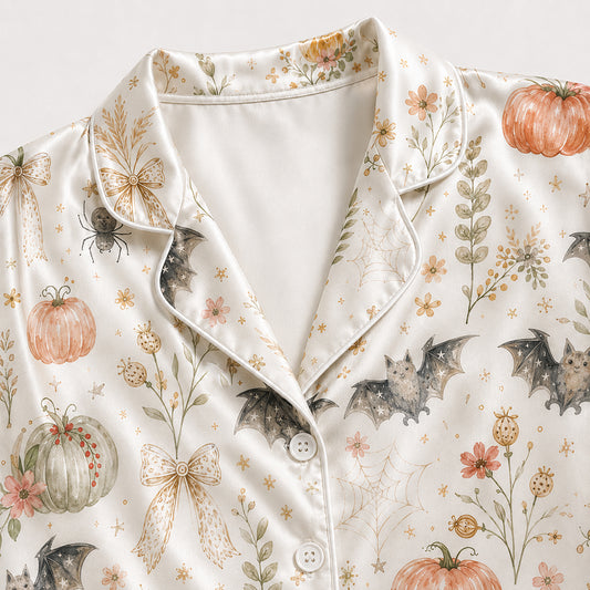 PJ-707-Vintage Pumpkin Satin Pajama Set with Bat Floral and Autumn Botanical Pattern