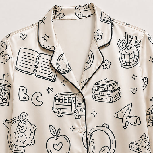 PJ-711-School Doodle Satin Pajama Set with Classroom Learning Book Apple Backpack and Education Pattern