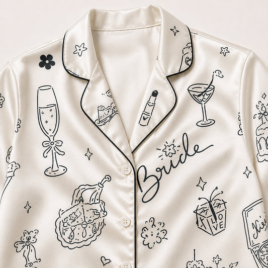 PJ-712-Bridal Satin Pajama Set with Wedding Doodle Pattern and Minimalist Celebration Icons