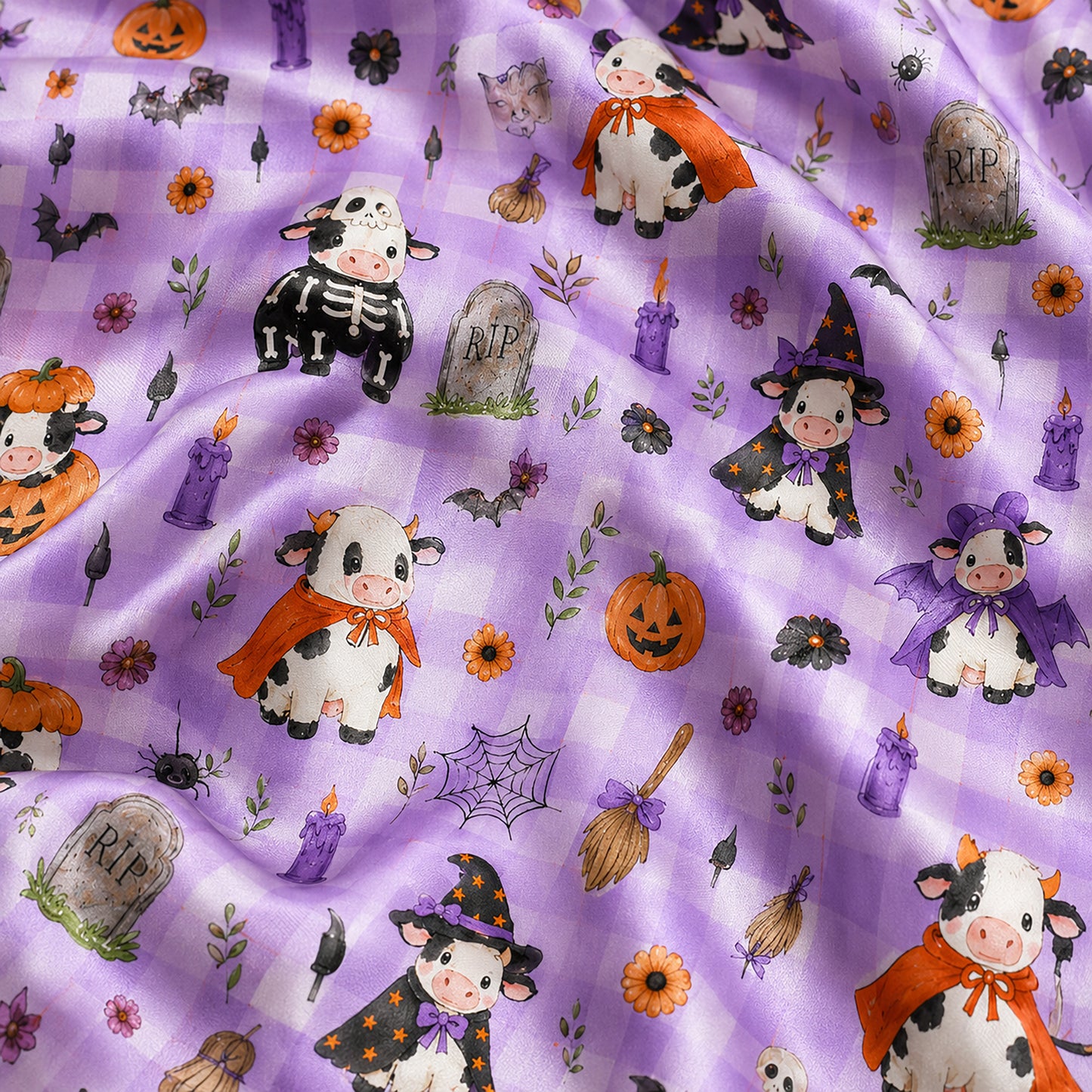 PJ-713-Cute Halloween Cow Satin Pajama Set with Kawaii Witch Highland Cow Pumpkin and Ghost Pattern Nguyen Thanh Phong