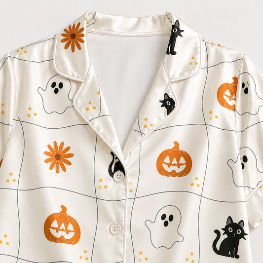 PJ-719-Autumn Halloween Satin Pajama Set with Magical Harvest Season Print