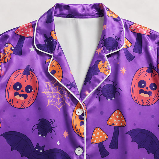 PJ-721-Haunted Night Satin Pajama Set with Classic Halloween Celebration Pattern