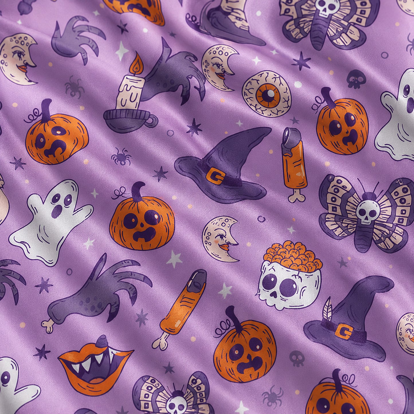 PJ-723-Vintage Halloween Satin Pajama Set with Nostalgic Spooky Holiday Design