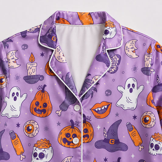 PJ-723-Vintage Halloween Satin Pajama Set with Nostalgic Spooky Holiday Design