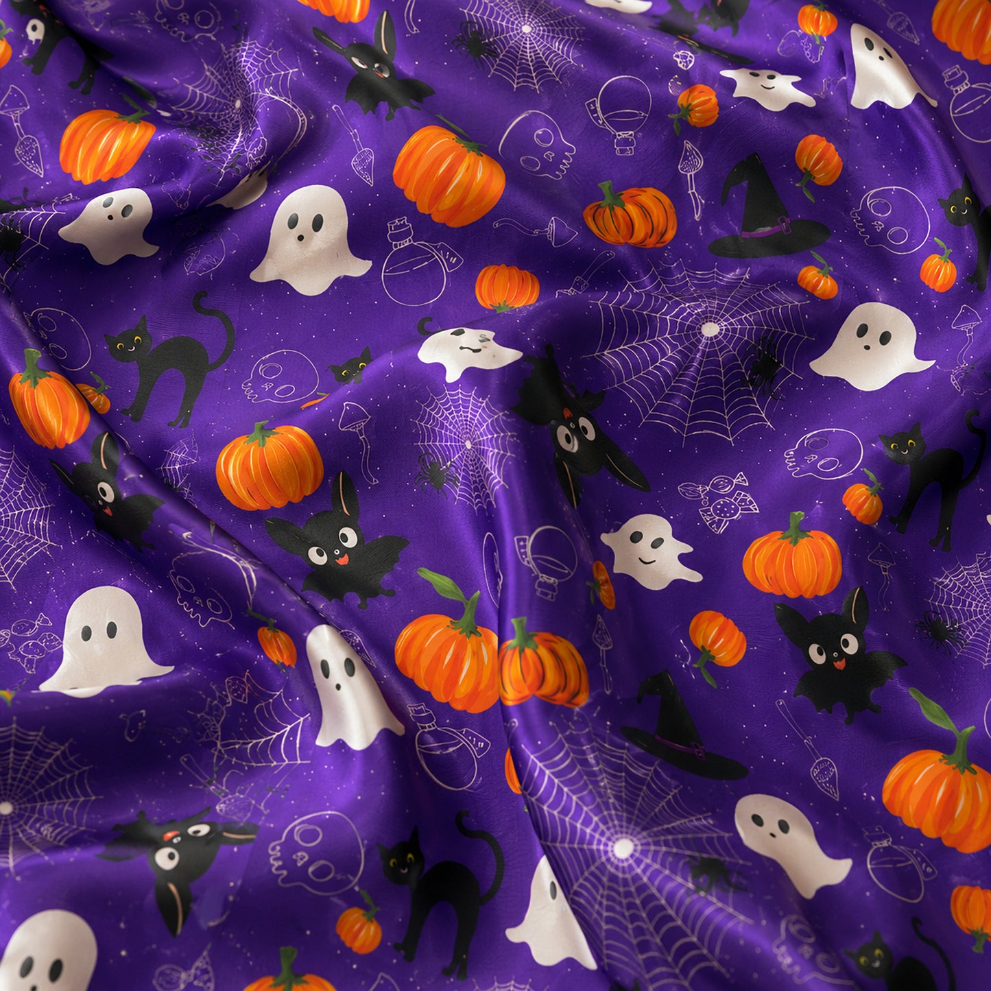 PJ-733-Halloween Satin Pajama Set with Enchanted Midnight Pattern for Cozy Sleepwear and Loungewear