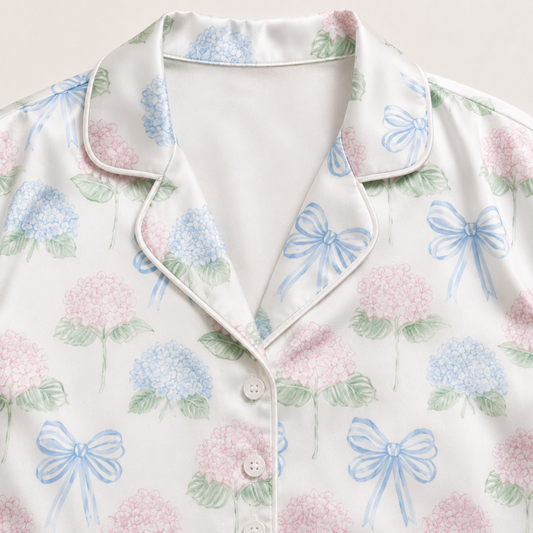 PJ-M005-Pastel Hydrangea Floral And Blue Ribbon Bow Print White Satin Sleepwear Pajama Set