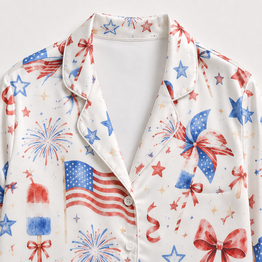 PJ-M006-White Satin Sleepwear Coordinate Featuring Patriotic Flags Fireworks Pinwheels And Festive Red Bows