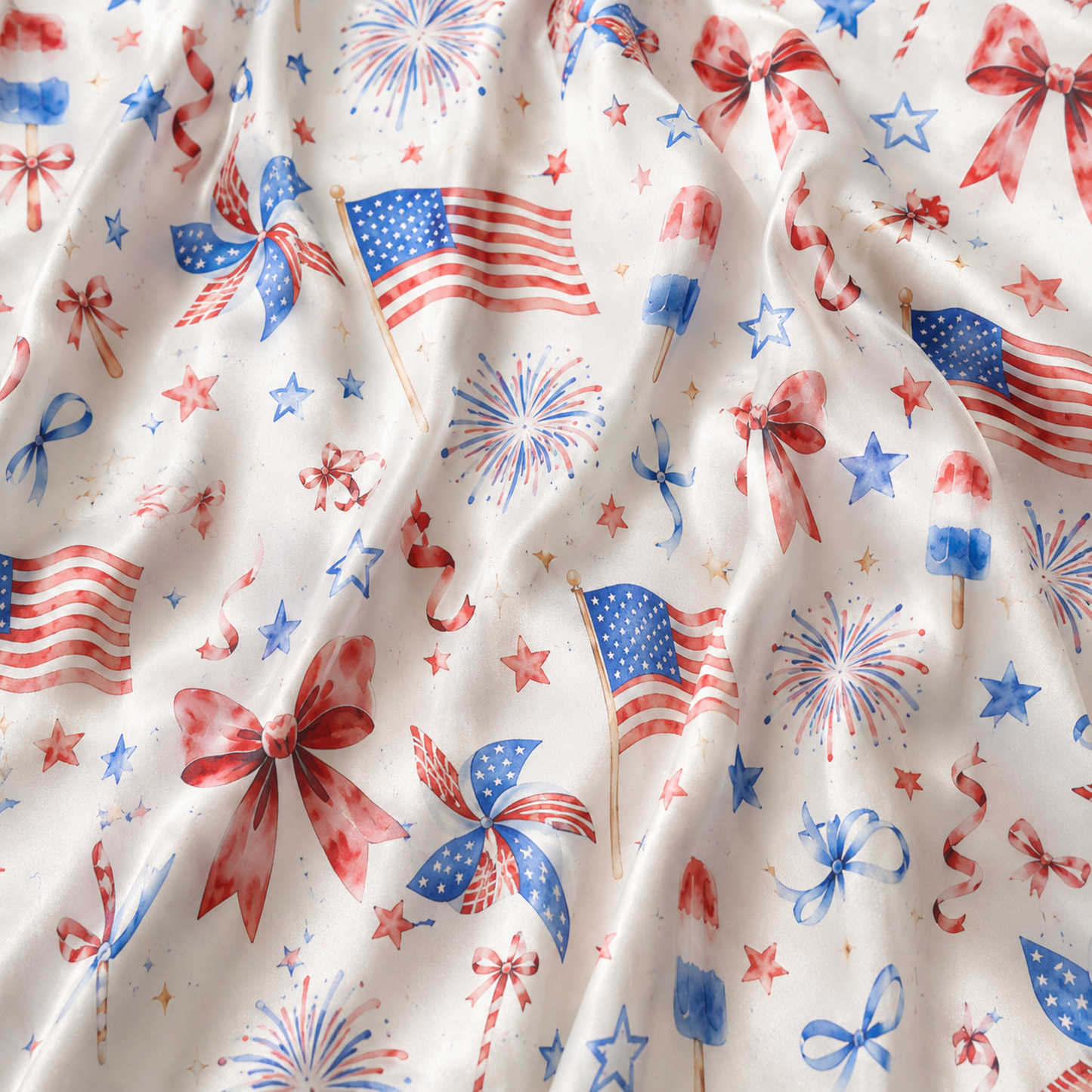 PJ-M006-White Satin Sleepwear Coordinate Featuring Patriotic Flags Fireworks Pinwheels And Festive Red Bows