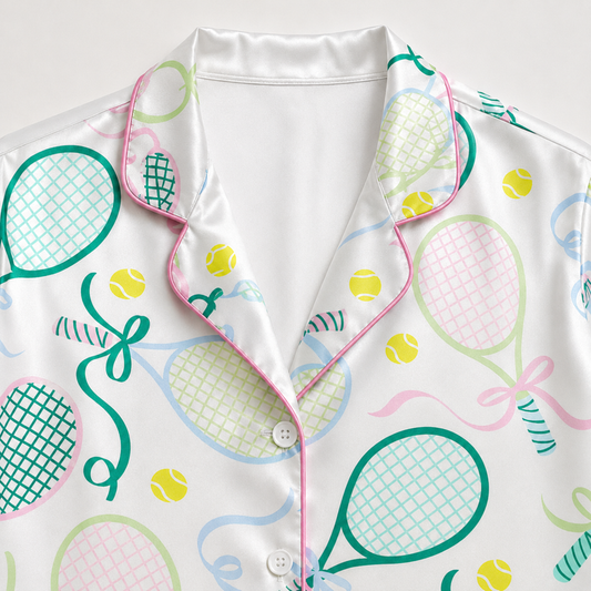 PJ-M010-Preppy Tennis Racket Print White Satin Sleepwear Pajama Set With Pink Piping And Bows