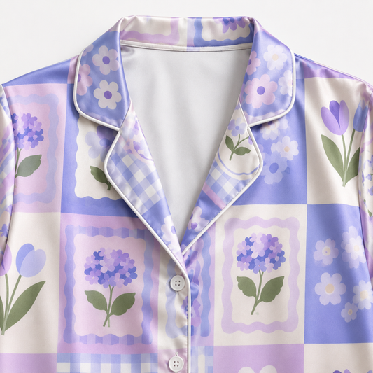 PJ-M018-Lilac Purple Floral Patchwork Gingham Grid Pattern Satin Button Front Sleepwear Pajama Matching Set