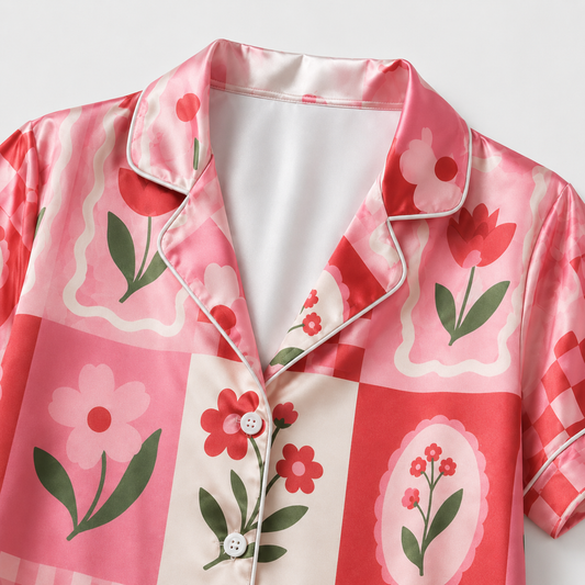 PJ-M019-Vibrant Pink And Red Floral Checkerboard Patchwork Satin Button Down Sleepwear Pajama Lounge Set