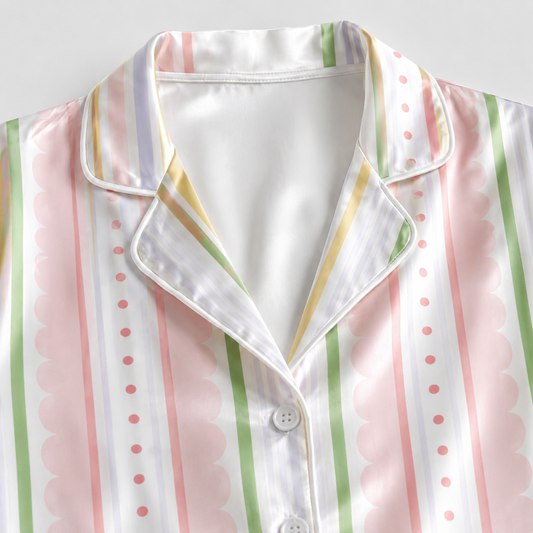 PJ-M021-Pastel Multicolor Striped Scalloped Polka Dot Pattern Satin Button Down Sleepwear Pajama Lounge Set