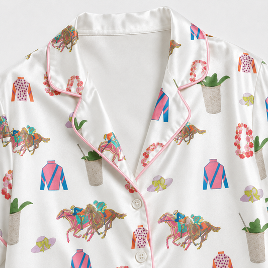 PJ-M022-White Satin Button Down Lounge Pajama Set Featuring Preppy Equestrian Horse Racing Derby Prints